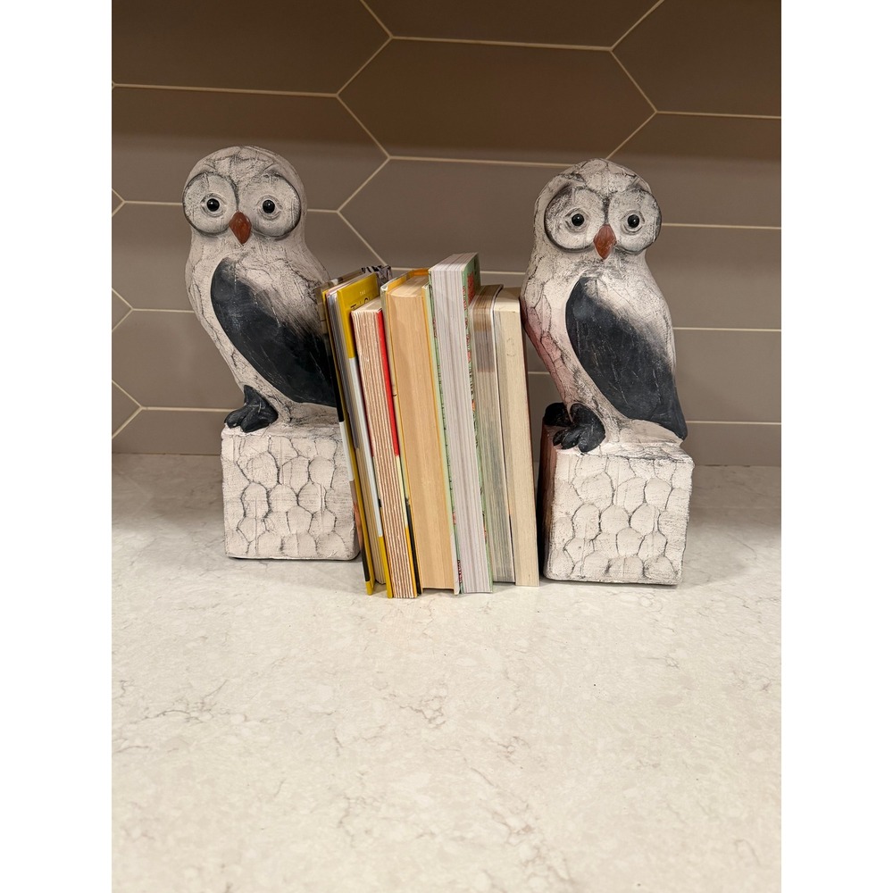Nature Owl Bookends Rustic Coastal White Gray Decorative Bird Statues